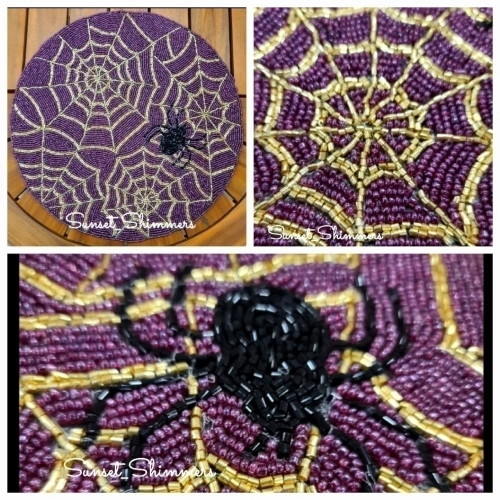4 Purple & Gold Sparkly Beaded Spider Web Placemat Chargers 15